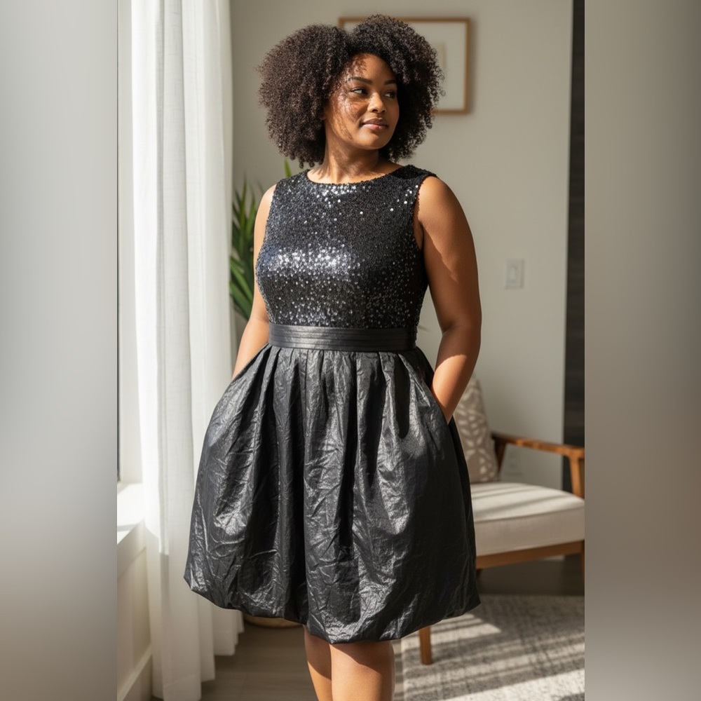 Ellen Tracy Black Sequin Bodice Cocktail Dress